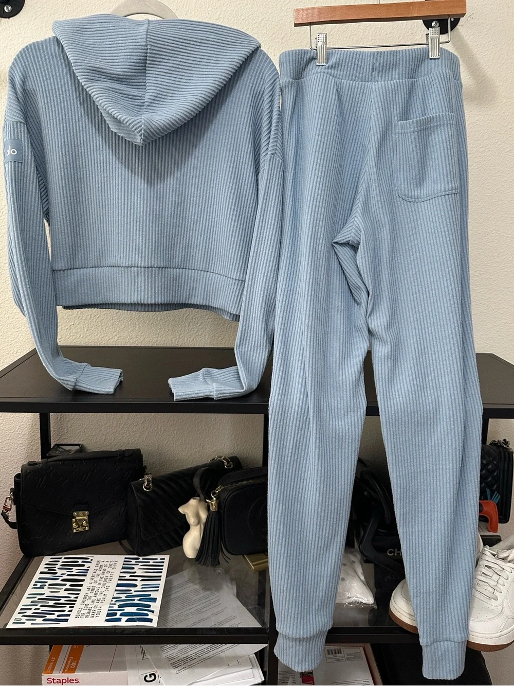 ALO Yoga Muse Ribbed Hoodie & Joggers Set in Light Blue